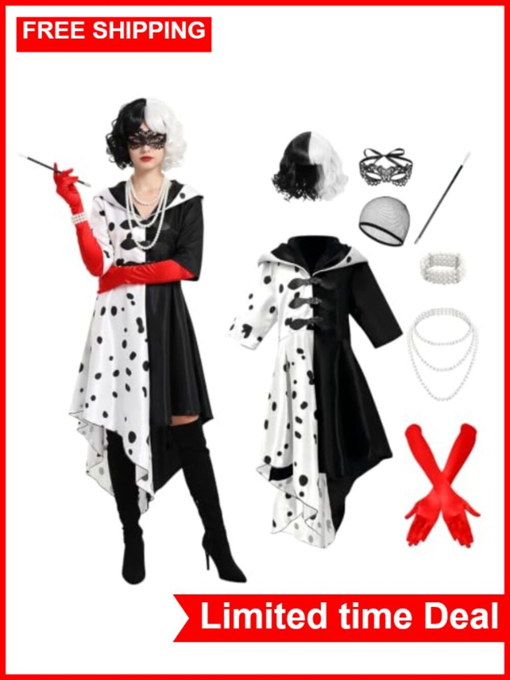 Cruella Devil Costume Women Black White Spotted 8Pc Halloween Outfit Set